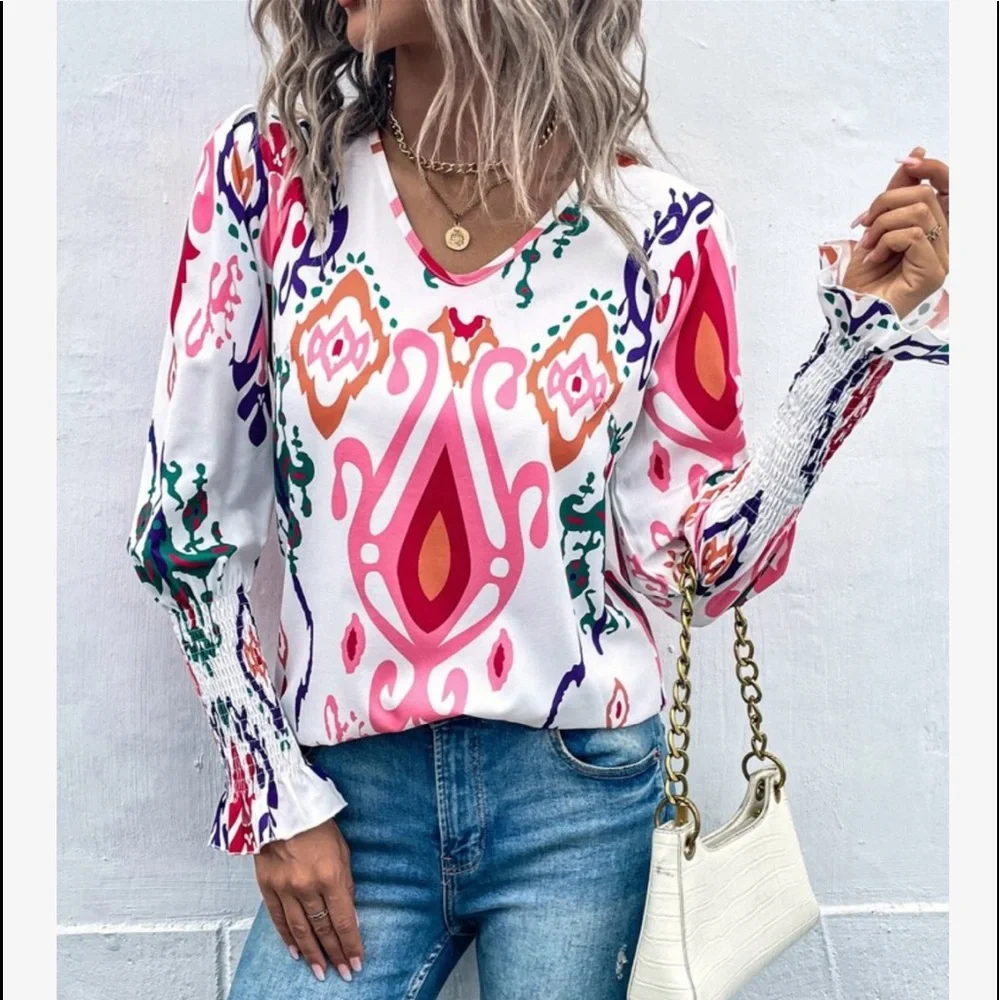 Boho Abstract Shirred Smocked Cuff Long Sleeve Top Blouse - Picture 4 of 6